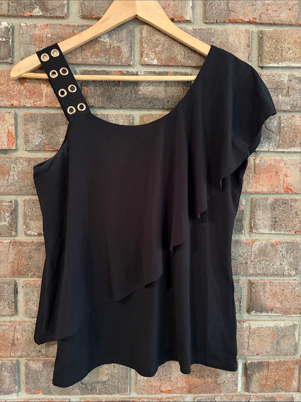 Belldini Black One-Shoulder Ruffle Top with Grommet Strap